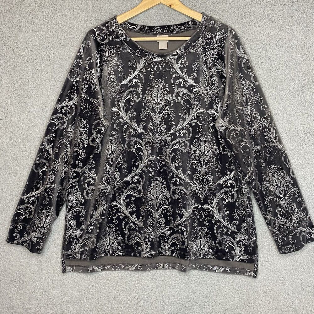 Chicos Zenergy Artsy Velour Foiled Tunic Sweater Top Scroll Print Gray XL 16-18